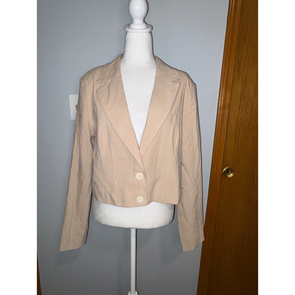 Easel‎ Los Angeles Tan Pinstripe Cropped Blazer Cotton Linen Blend Size L NWT